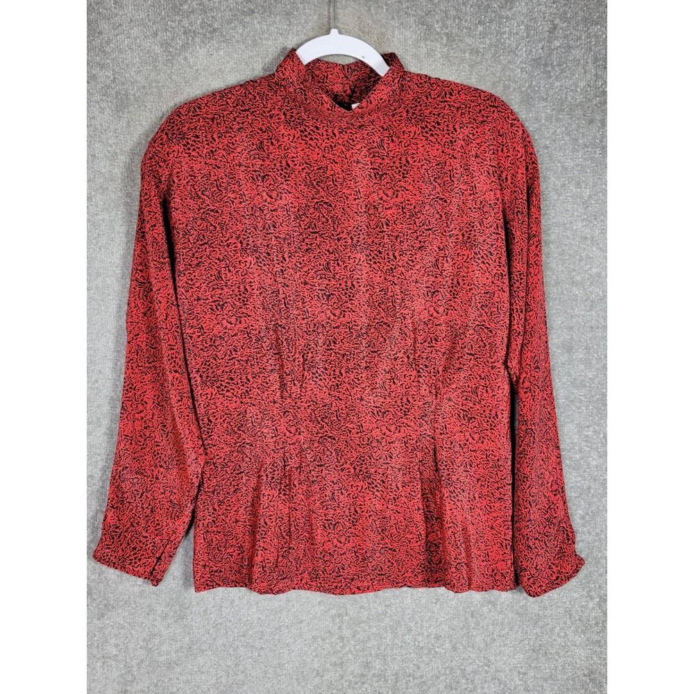 Vintage Michelle Stuart Top Womens Sz 10 Red Black Floral Mock Neck‎ Long Sleeve